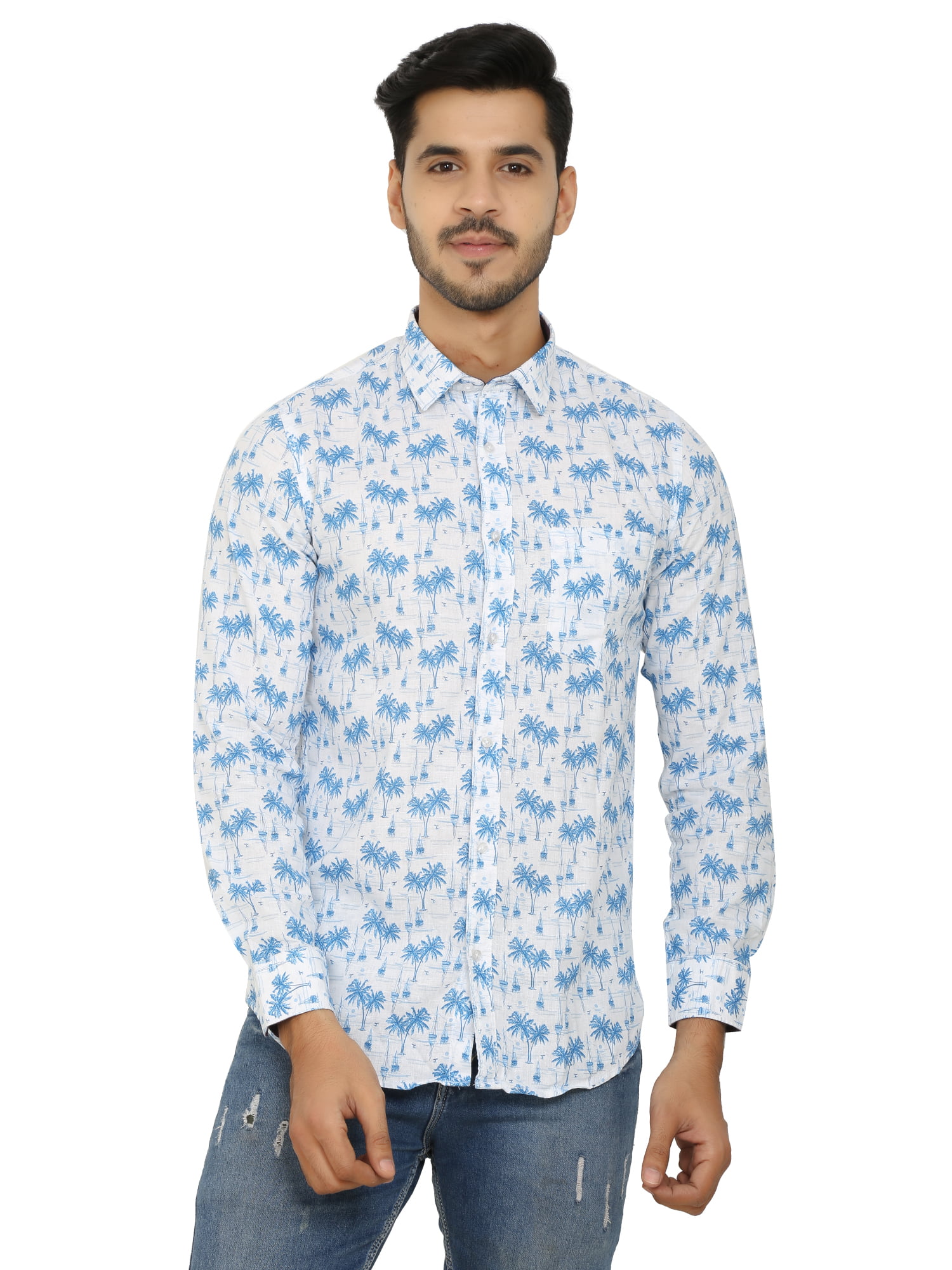 Men's Slim-Fit Printed Full Sleeves White Cotton Shirt