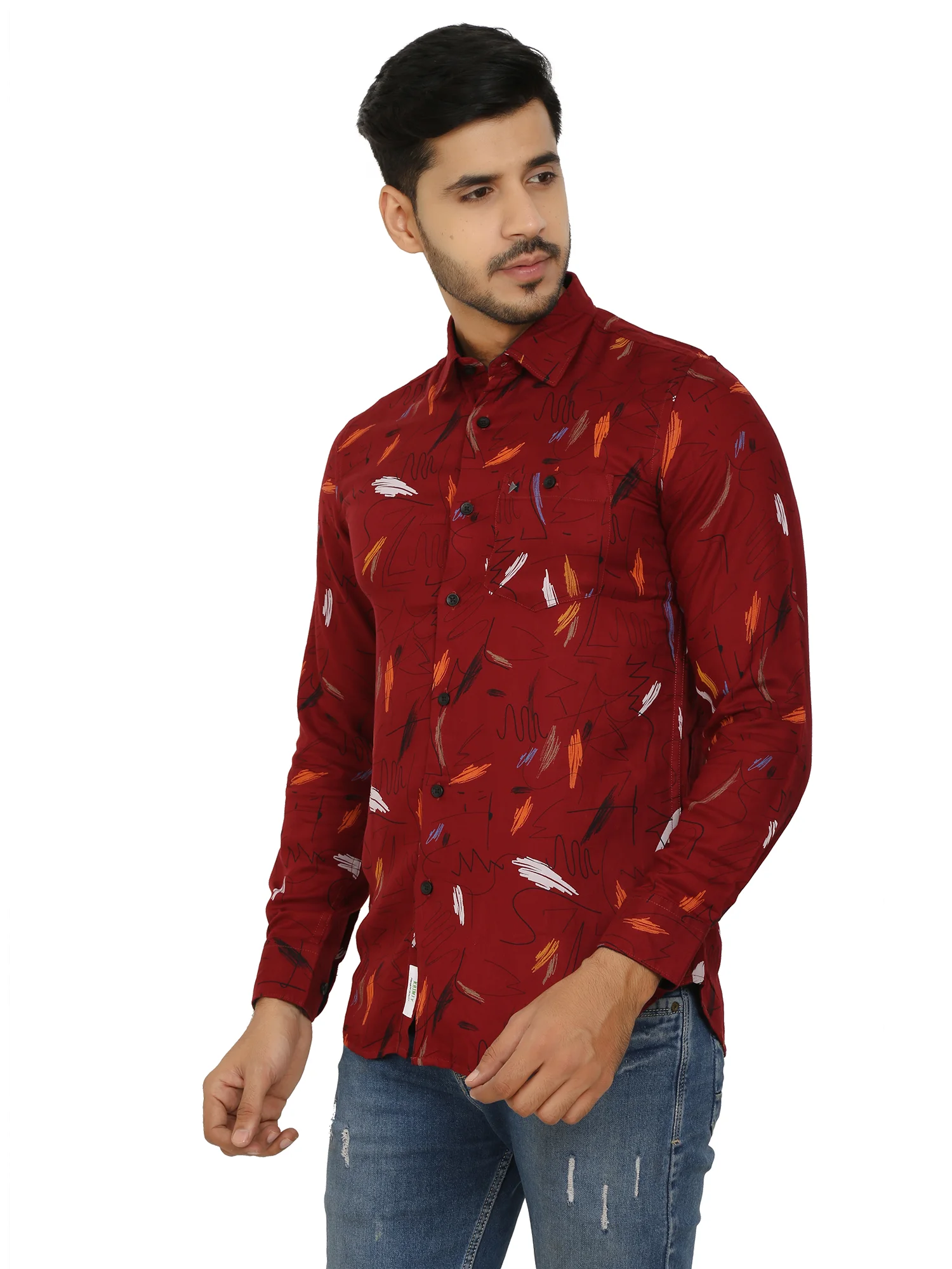 Men's Dark Red Printed Slim Fit Cotton Shirt