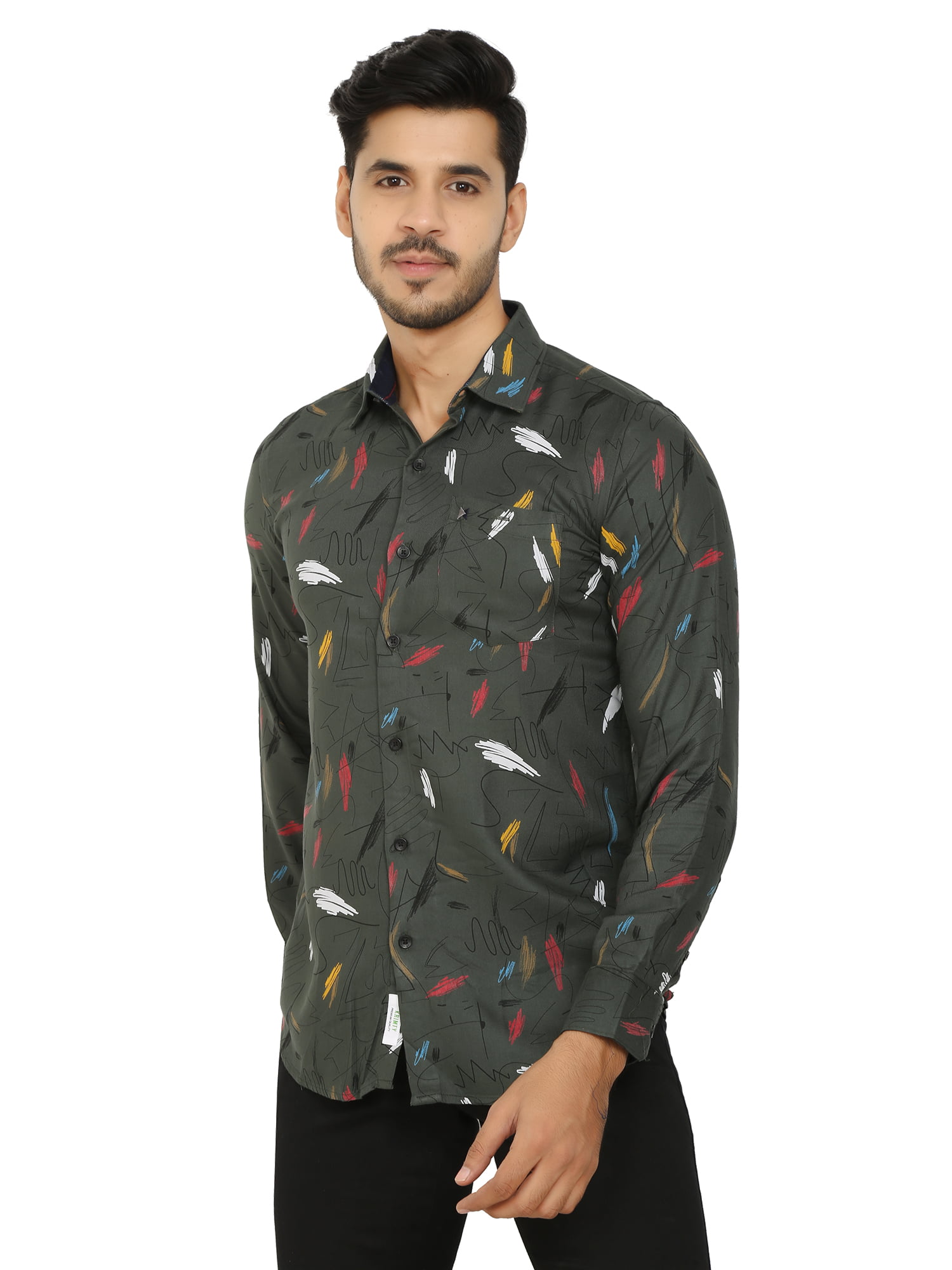 Men's Dark Green Printed Slim Fit Cotton Shirt