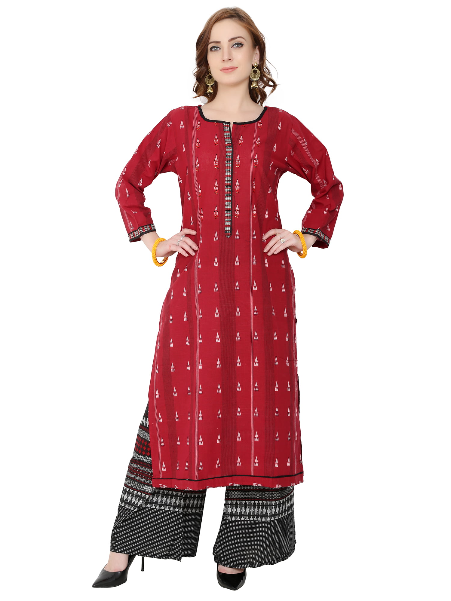Embroidered Red Cotton Suit with Palazzo and Dupatta