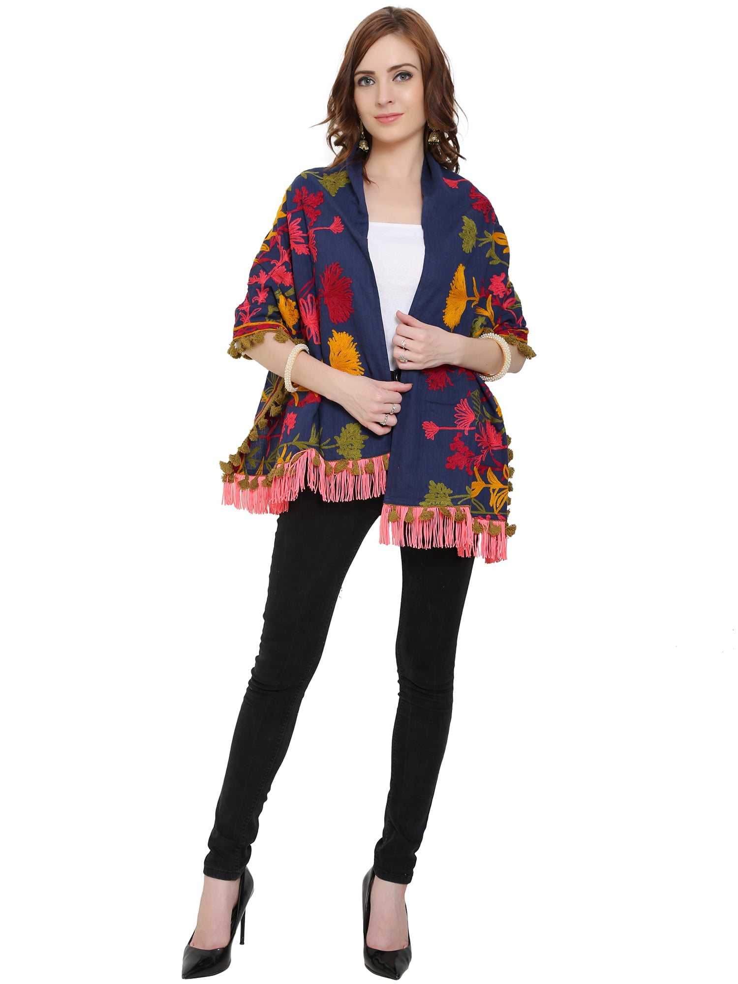 Navy Blue Color Khadi Stole with Woolen Embroidery & Tassels