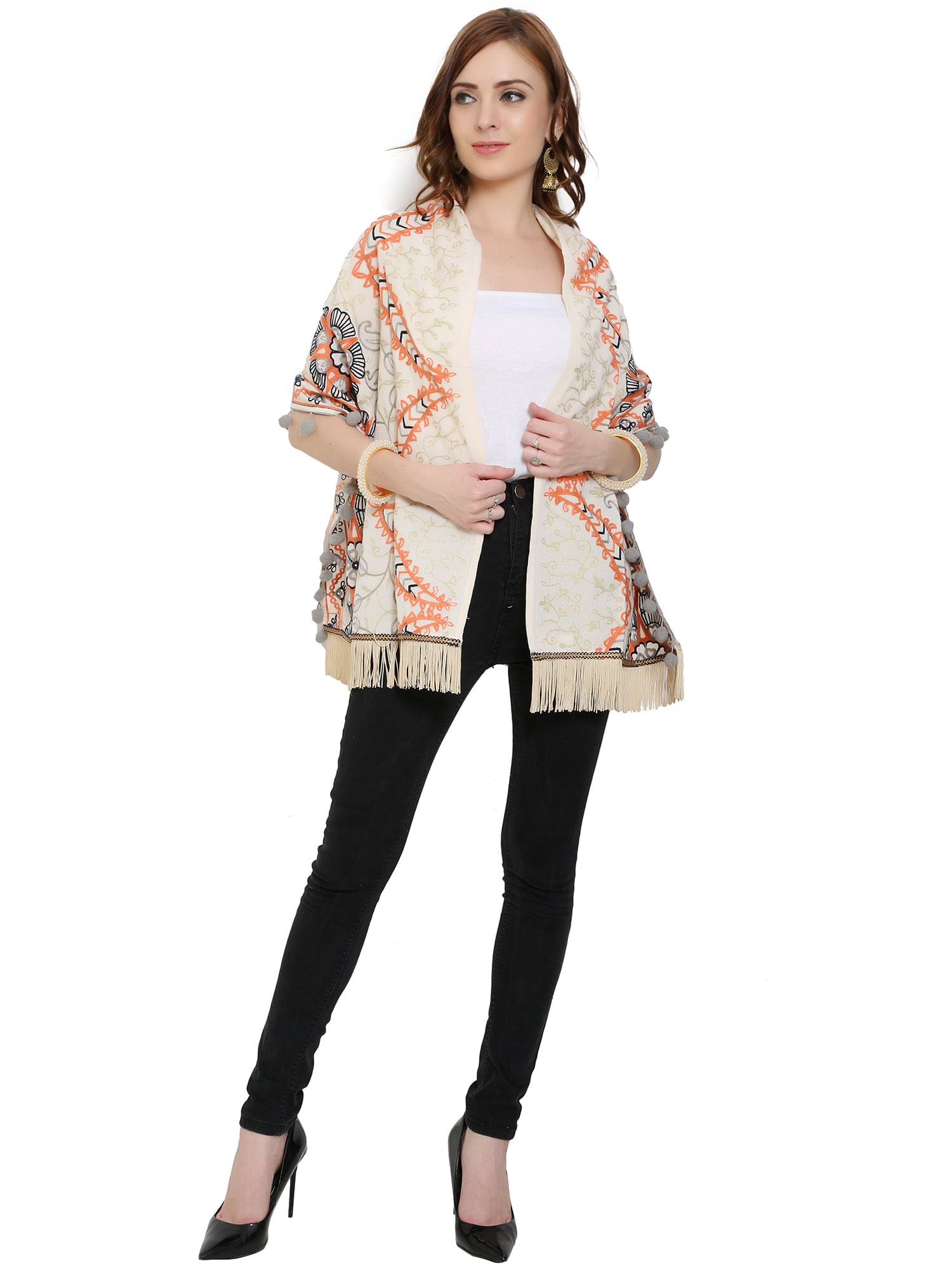 Cream / Off White Color Khadi Stole with Woolen Embroidery & Tassels