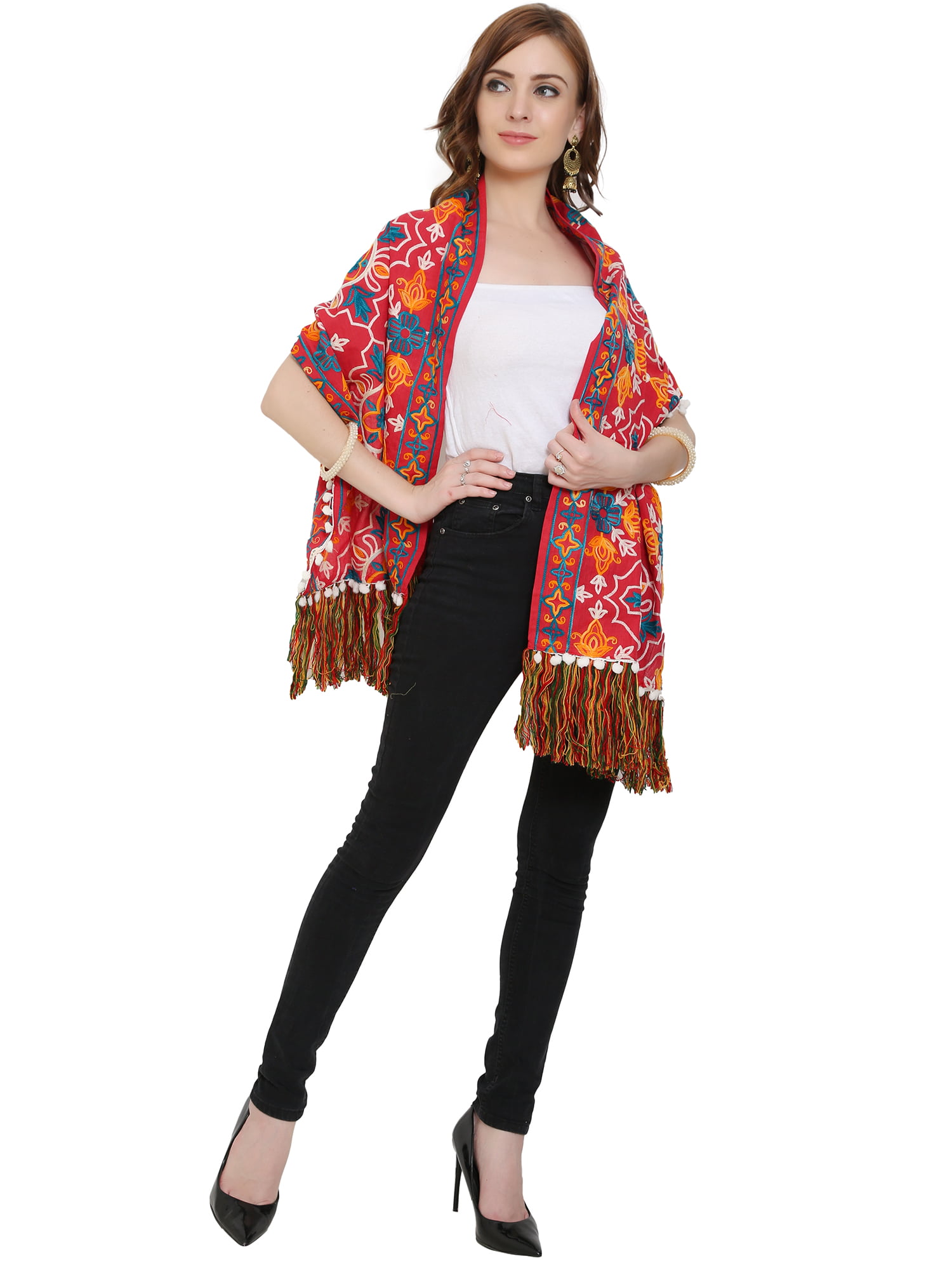 Red Color Khadi Stole with Woolen Embroidery and Threads & Pom Pom
