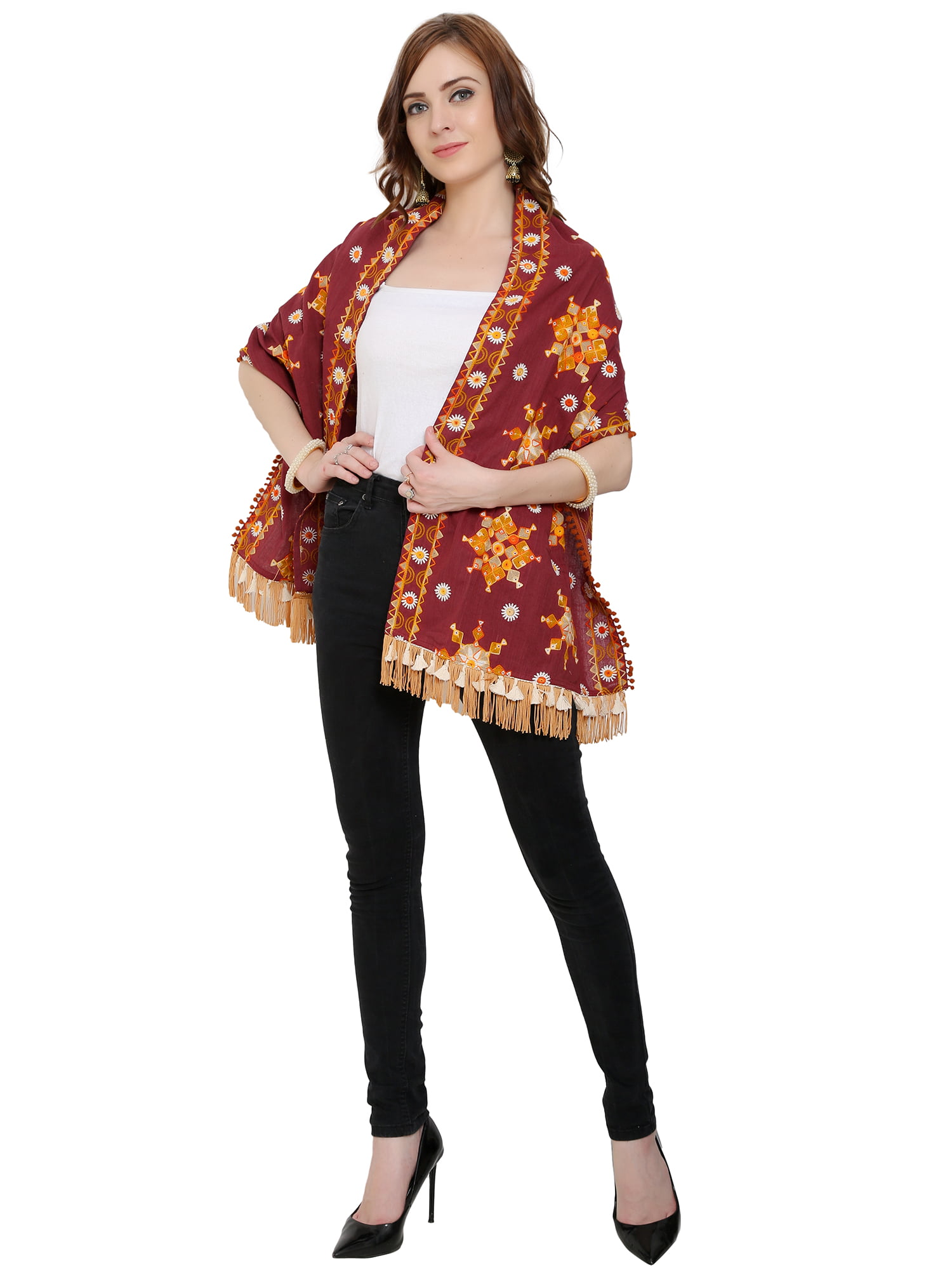 Wine Color Khadi Stole with Woolen Embroidery and Tassels