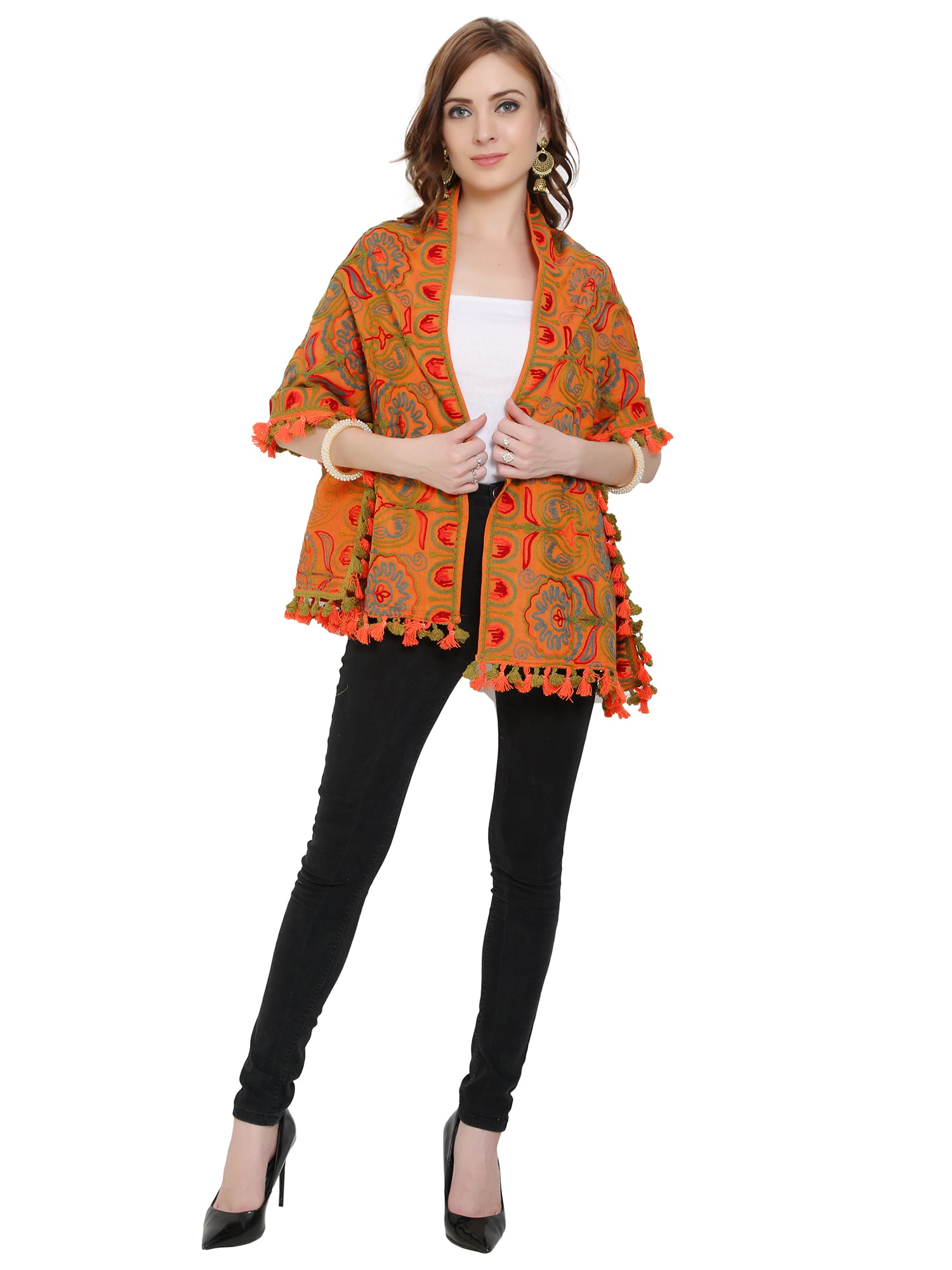 Orange Color Khadi Stole with Woolen Embroidery and Tassels