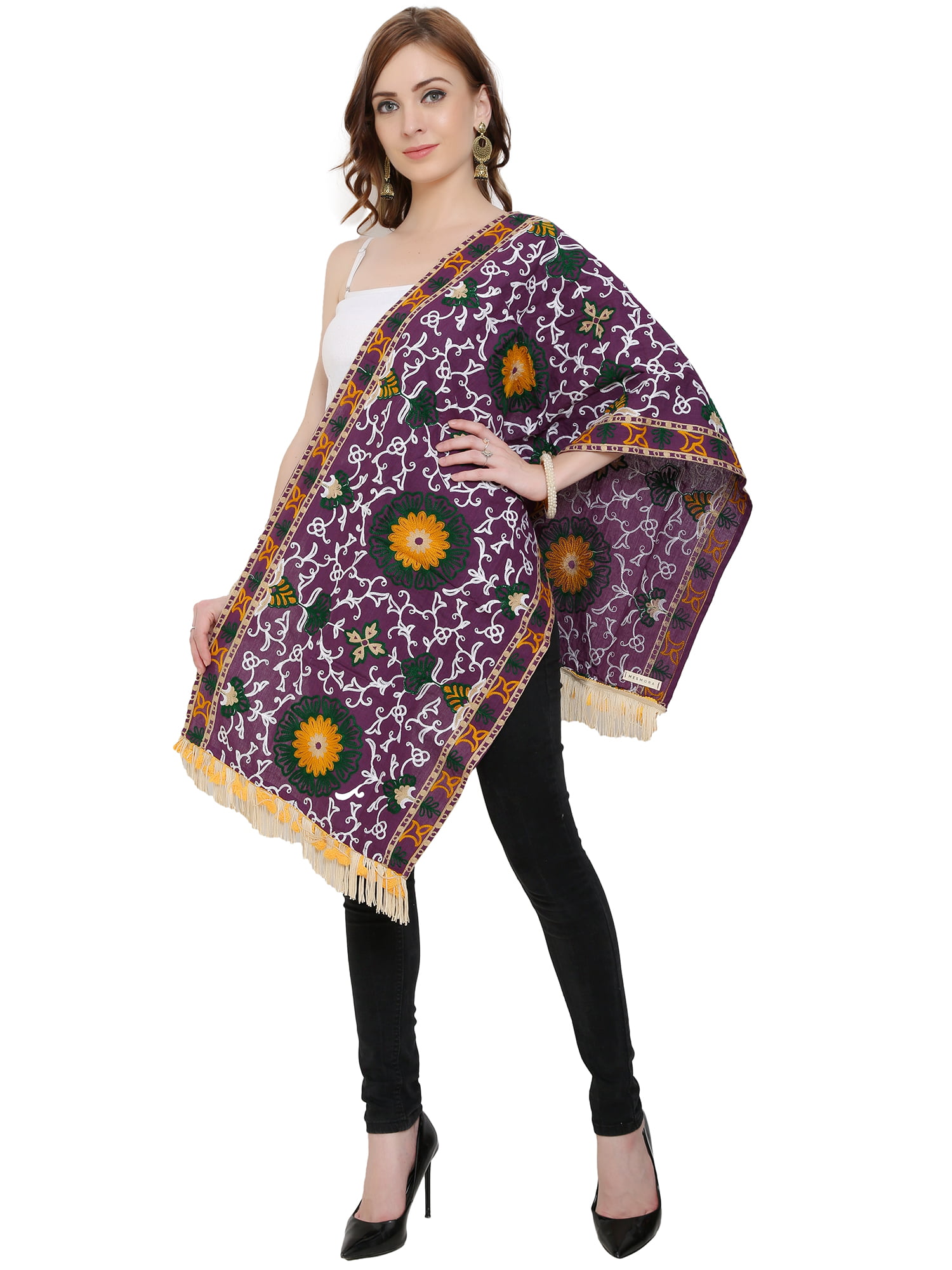 Purple Color Khadi Stole with Woolen Embroidery and Tassels
