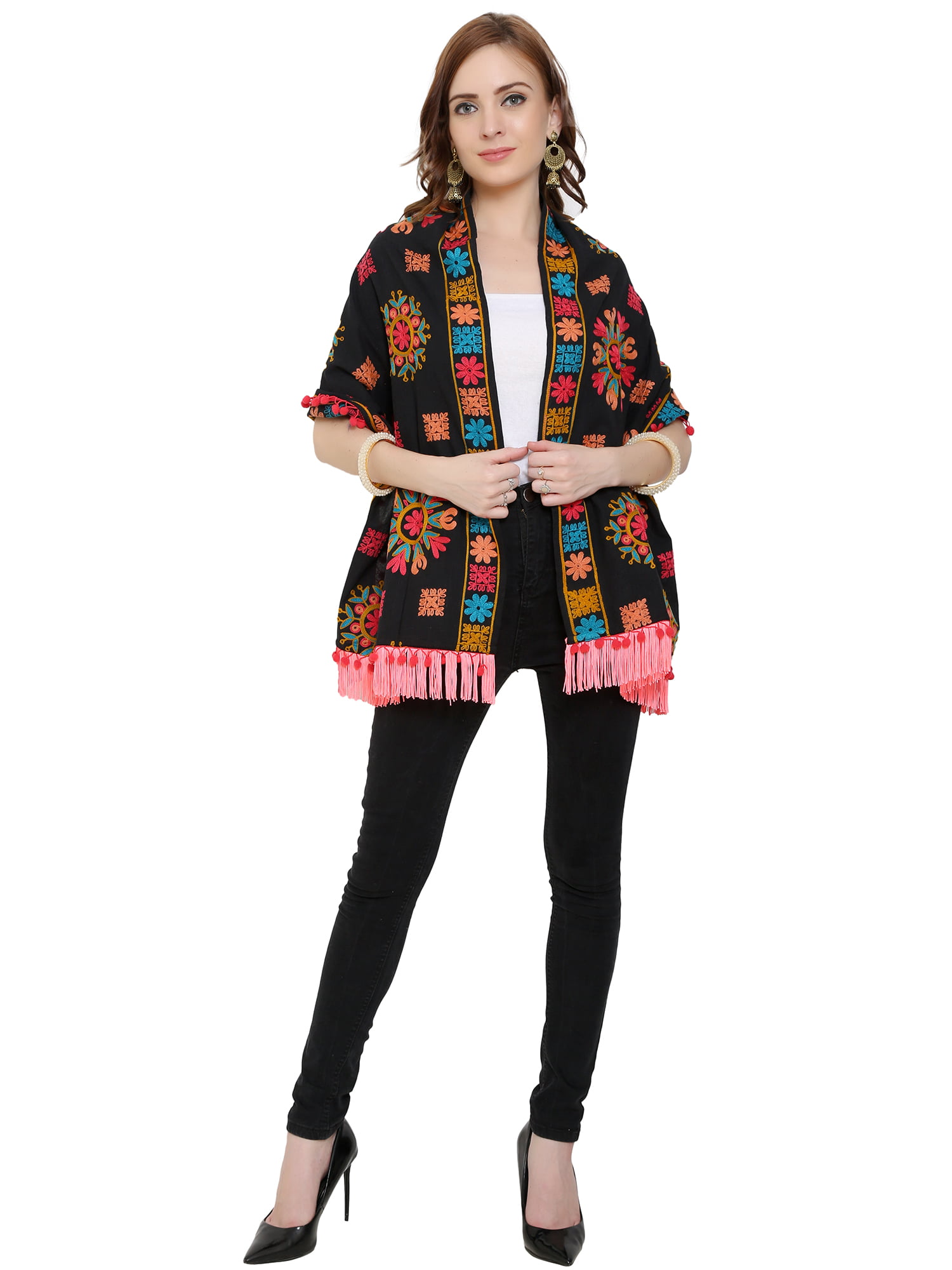 Black Color Khadi Stole with Woolen Embroidery and Tassels
