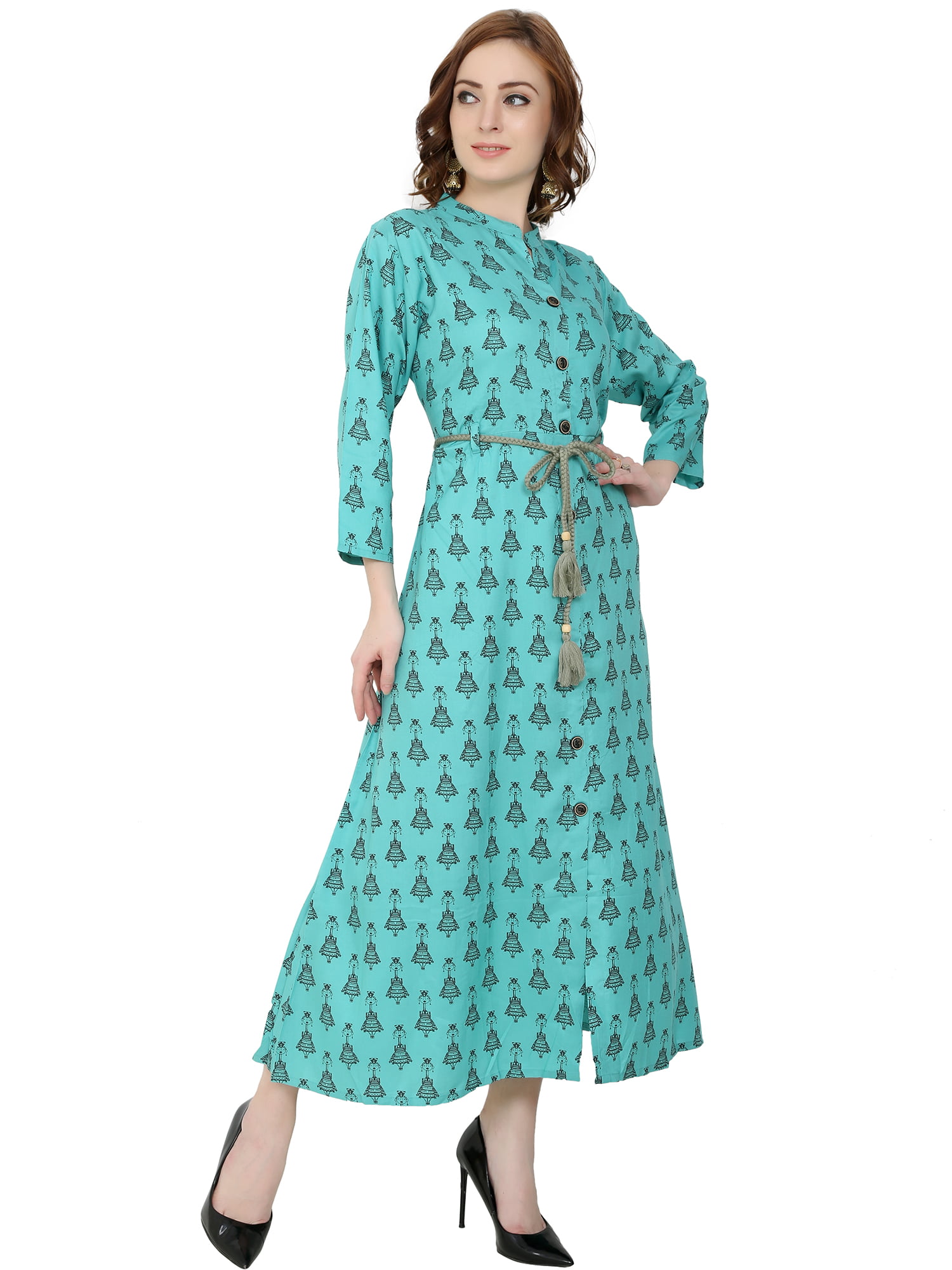 Dancing Doll Printed A-Line Dress - Sea Green