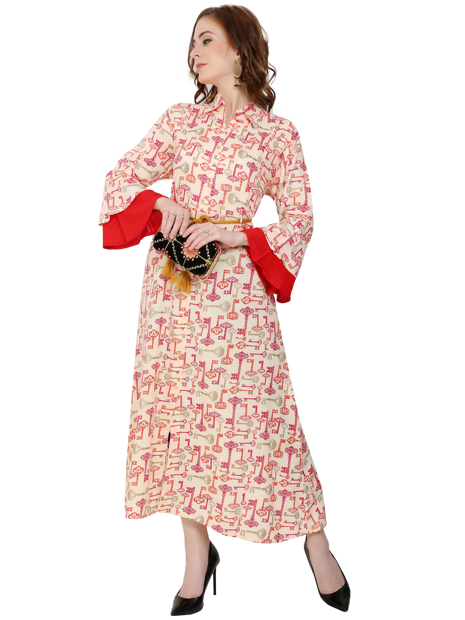 Magic Keys Printed A-Line Dress - Cosmic Latte