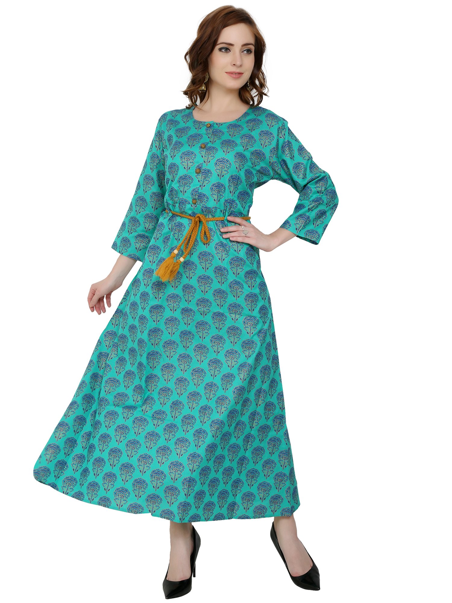 Block Printed A-Line Dress For Awesome Ladies - Sea Green