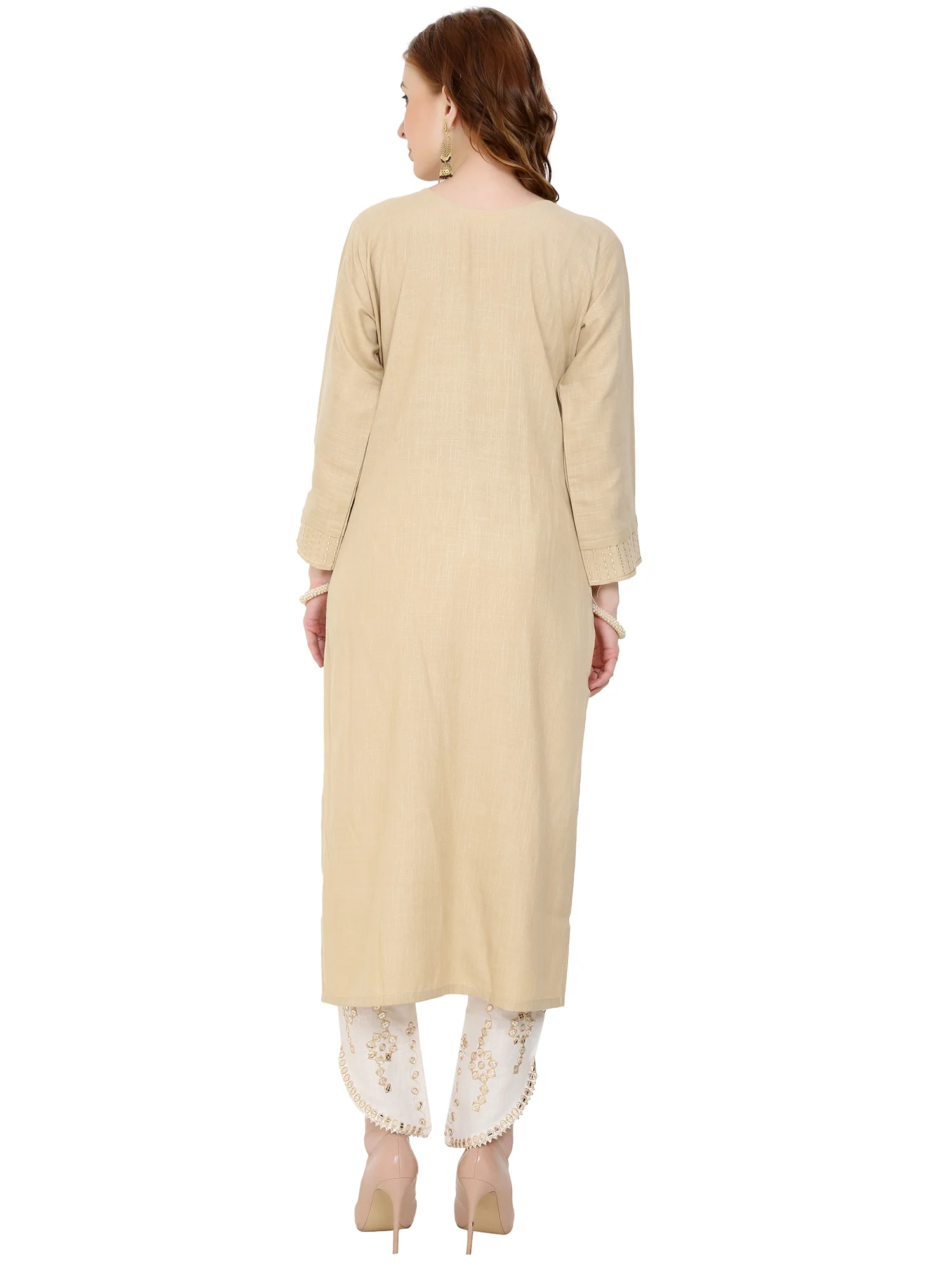 Embroidered Light Brown Suit with Stylish Lower and Dupatta