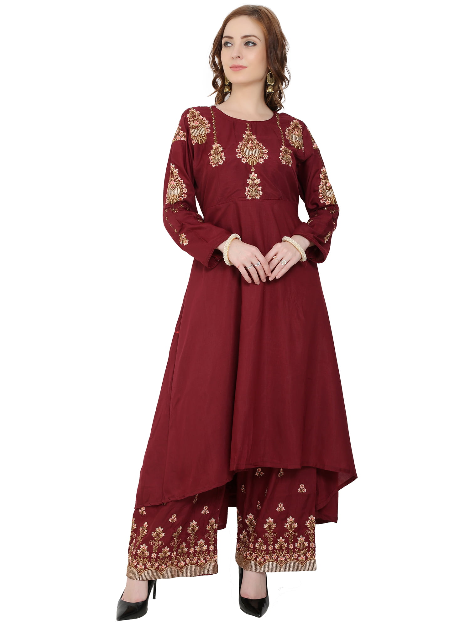 Muslin Silk Readymade Anarkali Suit with Palazzo - Dark Red