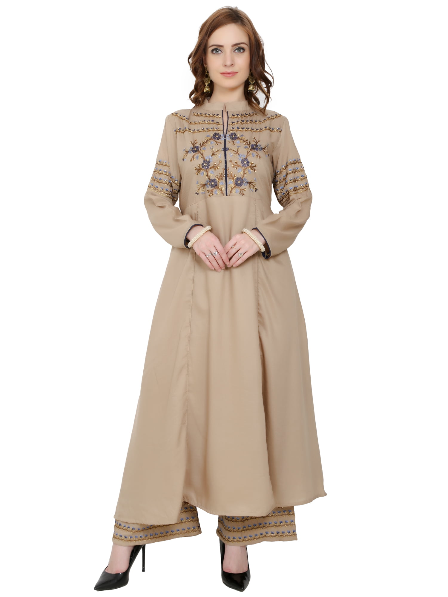 Muslin Silk Readymade Anarkali Suit with Palazzo - Light Brown