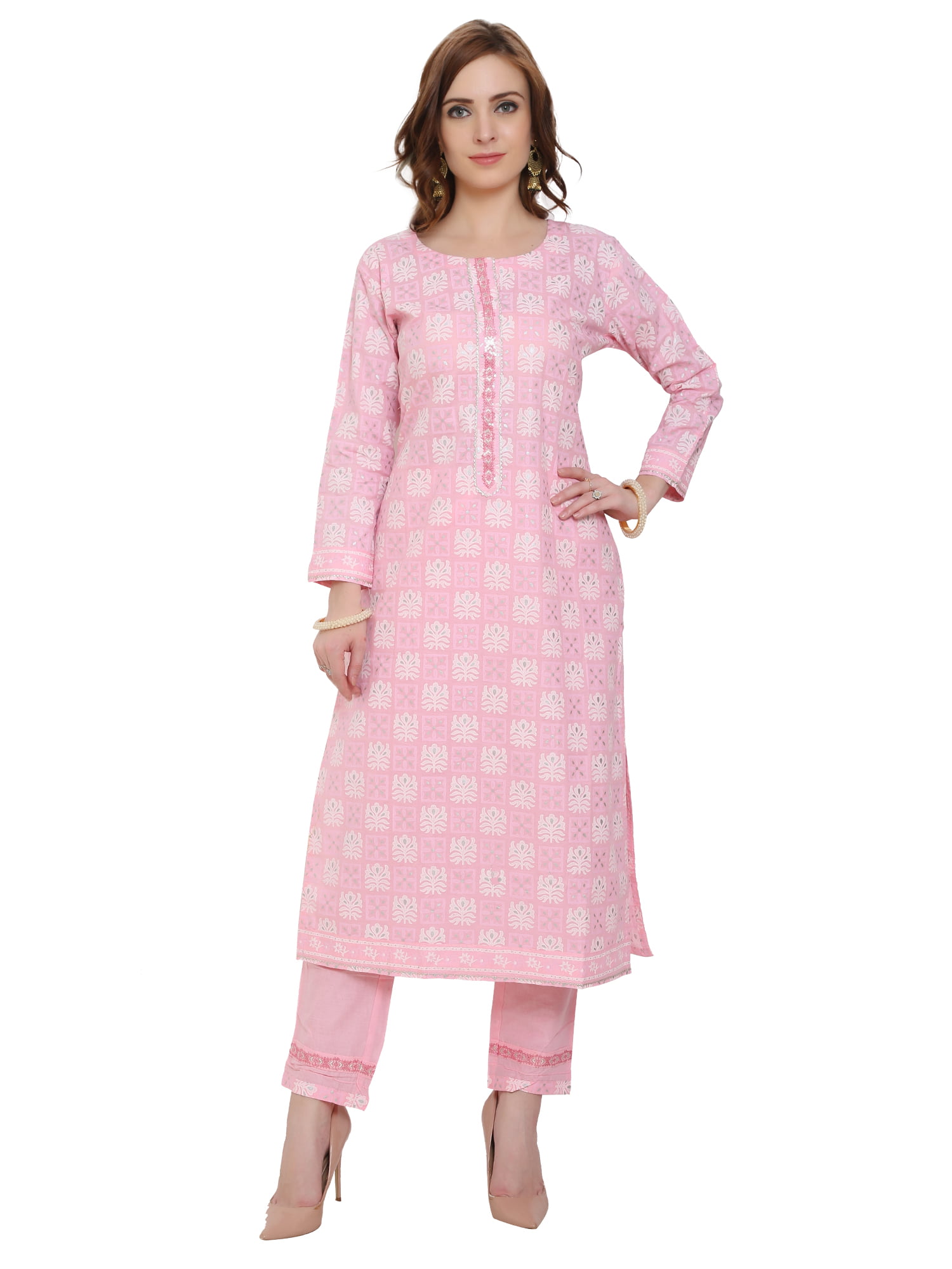Readymade Cotton Fancy Suit with Rubber Paint Block Printing - Pink
