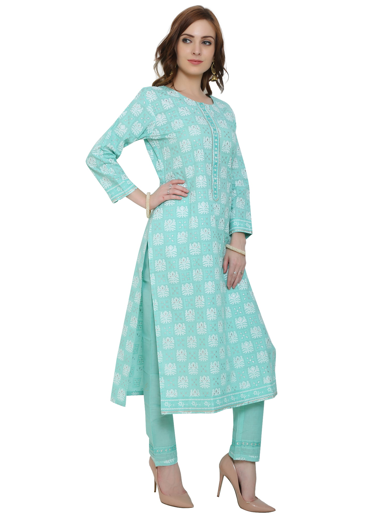 Readymade Cotton Fancy Suit with Rubber Paint Block Printing - Sea Green