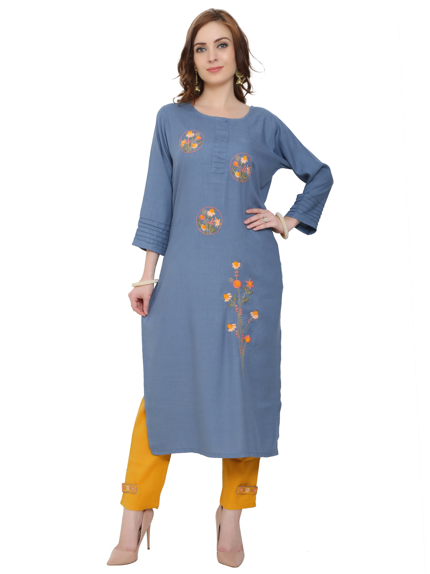 Cotton Cambric Sequin & Thread Work Straight Kurta (Blue) – Yash Gallery